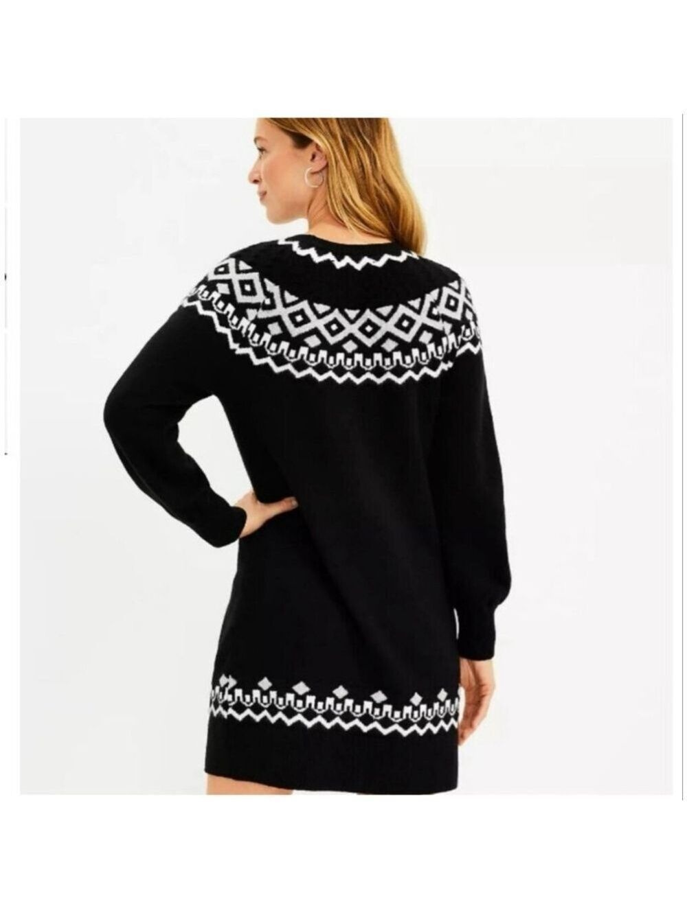 Women's LOFT Fair Isle Sweater Dress Medium Black White